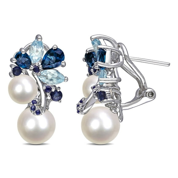 Freshwater Cultured 6-8.5mm Pearl & Gemstone Earrings in Sterling Silver