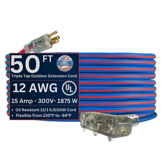 USW 12/3 Gauge Extreme Cold Weather SJEOOW Lighted Triple Tap Extension Cords – Heavy-Duty, 221°F to - 94°F Rating ( 2', 25', 50', or 100' )