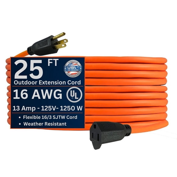 US Wire and Cable 16/3 Orange Light-Duty SJTW Extension Cords 25', 50' and 100'