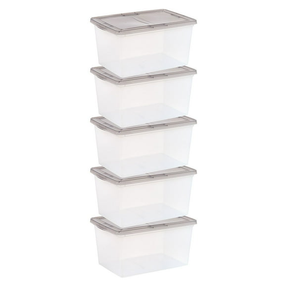 IRIS USA 58-Quart Snap Top Plastic Storage Box, Clear with Gray Lid, Set of 5