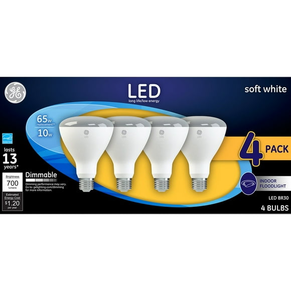 GE Soft White 65W Replacement LED Light Bulb Indoor Floodlight BR30 4-pack