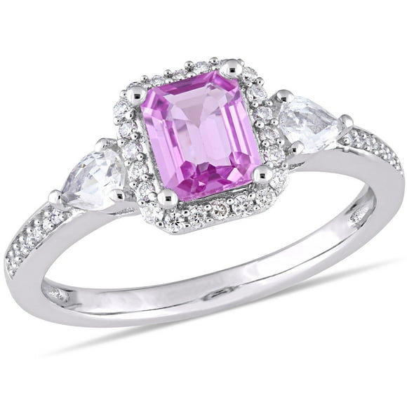 Pink & White Sapphire with Diamond Accent 3-Stone Ring in 14K Gold