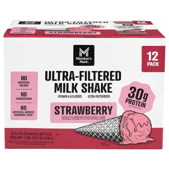 Member's Mark 30g Ultra-Filtered Milk Shake, Strawberry, 11.5 fl. oz., 12 pk.