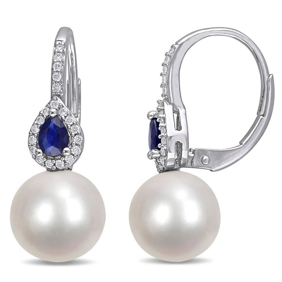 9-9.5 mm Round Cultured Freshwater Pearl and Blue Sapphire with 0.11 CT. T.W. Diamond Earrings in 14K Gold