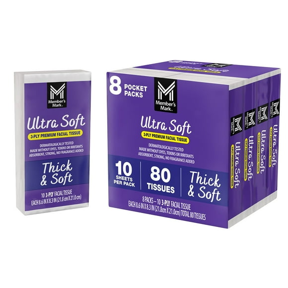 Members Mark Ultra Soft Pocket Pack Facial Tissue, 96 pks., 10 tissues/pk.