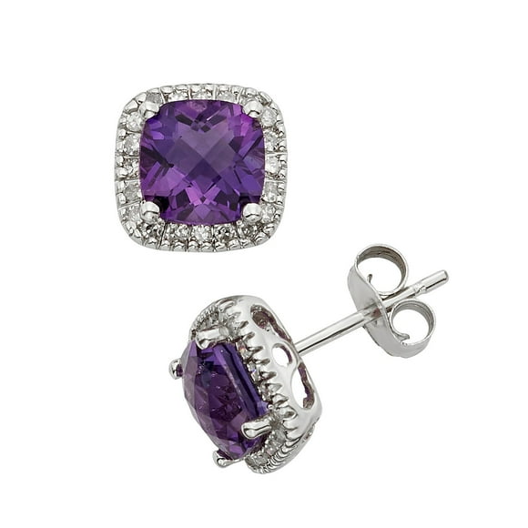 Cushion Cut Gemstone and 0.15 CT. T.W. Halo Diamond Stud Earrings in 14K Gold