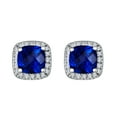 thumbnail image 2 of Cushion Cut Gemstone and 0.15 CT. T.W. Halo Diamond Stud Earrings in 14K Gold, 2 of 4