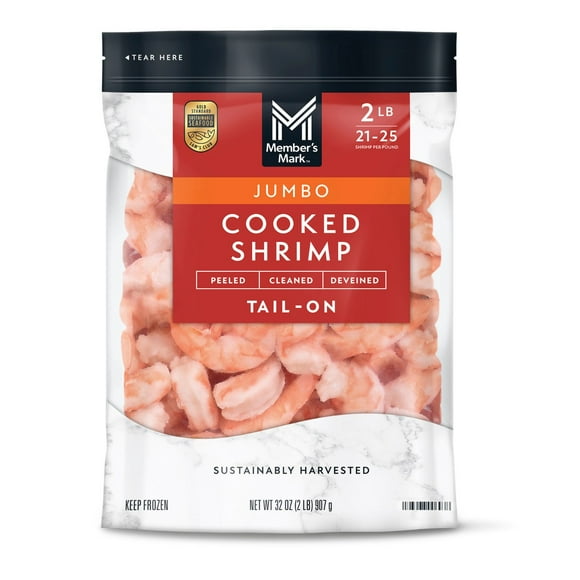 Member's Mark Farm Raised Jumbo Cooked Shrimp, Frozen, 21-25 ct. per pound, 2 lbs.