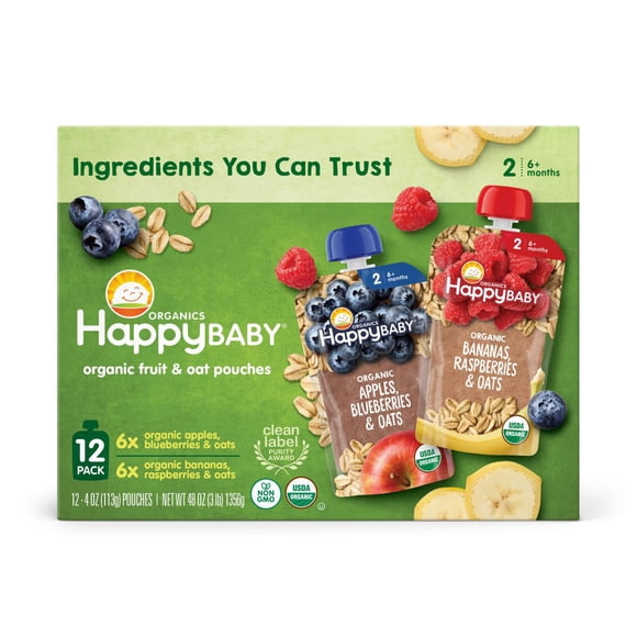 HappyBABY Organics Clearly Crafted Fruit & Oat Pouches, Variety Pack, 12 ct., 4 oz.