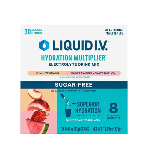 Liquid I.V. Hydration Multiplier Sugar-Free Electrolyte Powder Variety Pack, White Peach and Strawberry Watermelon, 30 pk.