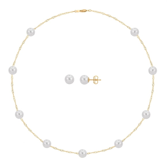 18" 6-6.5mm White Cultured Freshwater Pearl Station Necklace and Stud Earring Set in 14K Gold