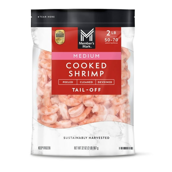 Member's Mark Farm Raised Medium Cooked Shrimp, Frozen, 50-70 ct. per pound, 2 lbs.