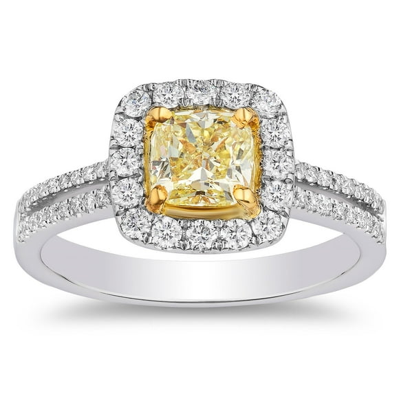 1.10 C.T. TW Cushion Cut Natural Yellow Halo Diamond Ring in 18K Gold