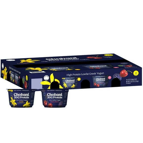 Chobani 20G Protein Low Fat Greek Yogurt Cups Variety Pack, 6.7 oz., 12ct.