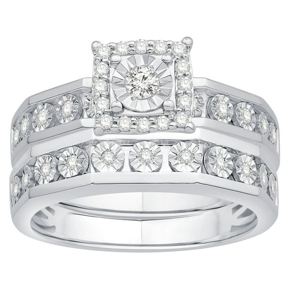 0.26 CT. T.W. Princess Cut Halo Diamond Ring & Band Set in 14K Gold