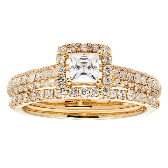 1.00 CT. T.W. Princess Diamond Halo Bridal Set in 14K Gold