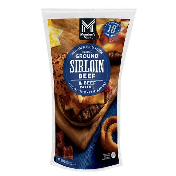 Member's Mark 85/15 Ground Sirloin Beef Patties, Frozen, 1/3 lb., 18 ct.