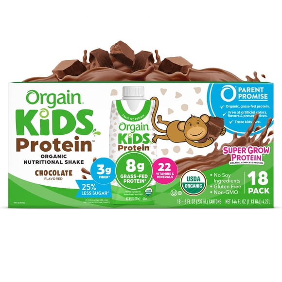 Orgain Kids 8g Protein Organic Nutritional Shake, Chocolate, 8 fl. oz., 18 pk.