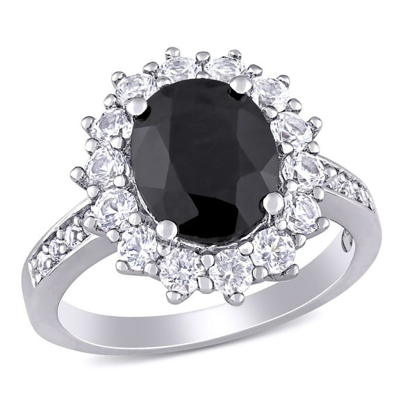 Oval Cut Black & White Sapphire Halo Ring in Sterling Silver