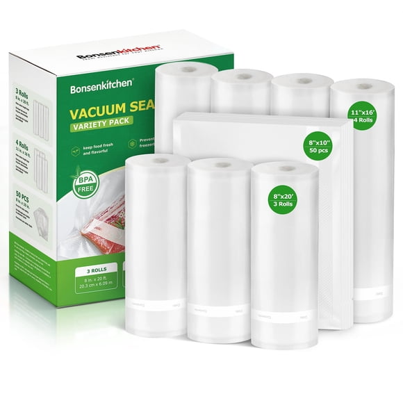 Bonsenkitchen Vacuum Sealer Bag Variety Pack, 7 Rolls & 50 Precut Heavy Duty Bags
