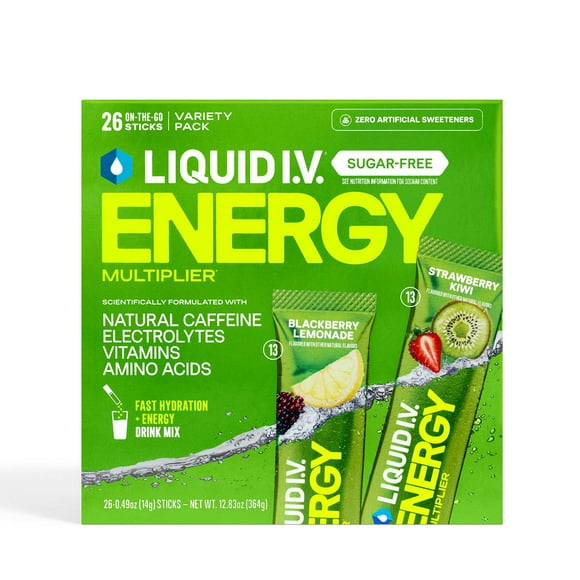 Liquid I.V. Energy Multiplier Sugar-Free Electrolyte Powder Variety Pack, Blackberry Lemonade and Strawberry Kiwi, 26 pk.