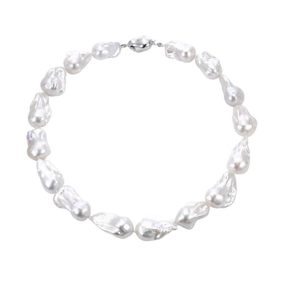 18" 12-15mm White Nucleated Baroque Cultured Freshwater Pearl Necklace in Sterling Silver