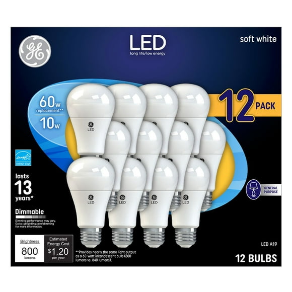GE Soft White LED 60W Equivalent General Purpose A19 Light Bulbs 12-Pack
