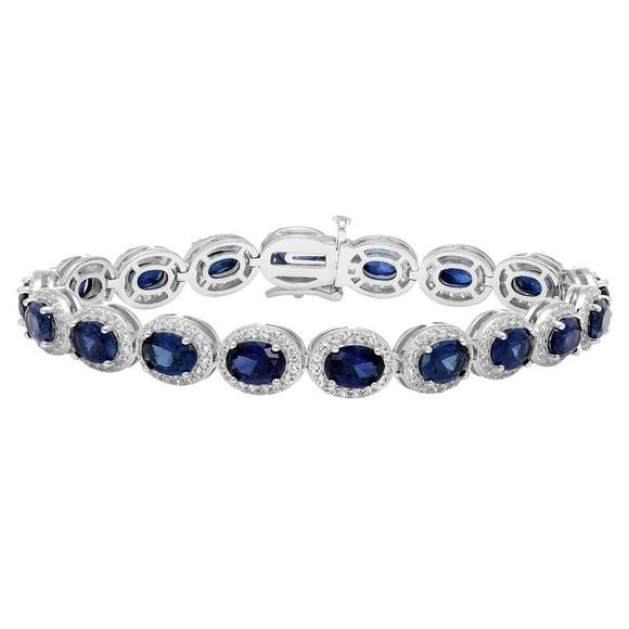 Oval Cut Gemstone Halo Tennis Bracelet in Sterling Silver