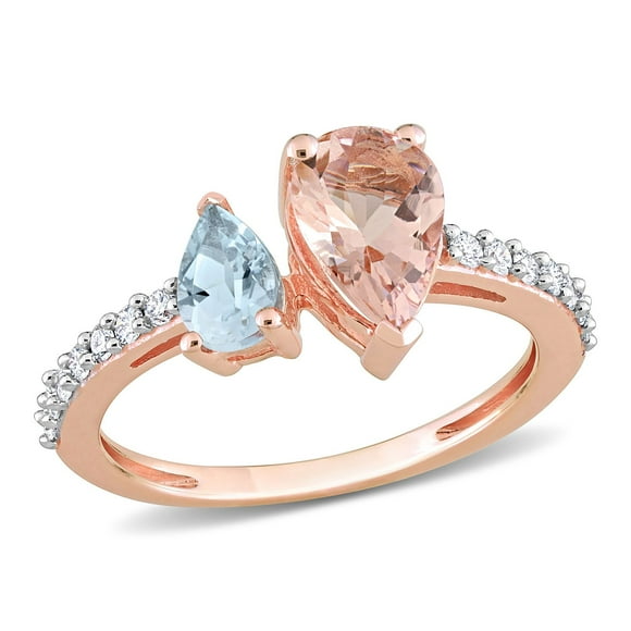 Pear Cut Morganite and Aquamarine & 0.21 CT. T.W. Diamond Two-Stone Ring in 14K Gold