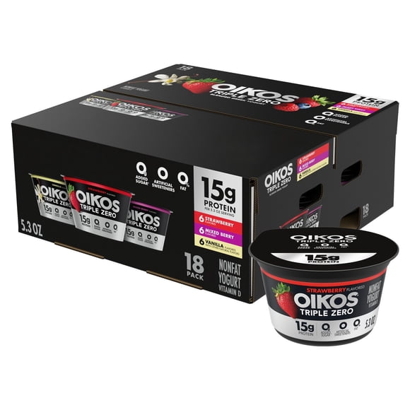 Oikos Triple Zero Nonfat Blended Greek Yogurt Variety Pack, 5.3 oz., 18 ct.