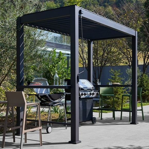Mirador 5' x 10' Aluminum Grill Pergola w/ Louvered Roof & Bar Table