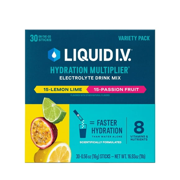 Liquid I.V. Hydration Multiplier Electrolyte Powder Variety Pack, Lemon Lime and Passion Fruit, 30 pk.