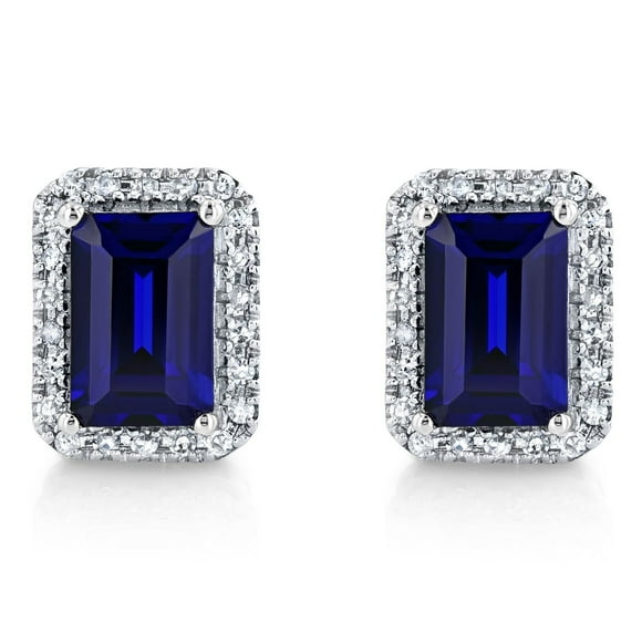 Emerald Cut Lab Created Gemstone & 0.11 CT. T.W. Diamond Stud Earrings in Sterling Silver