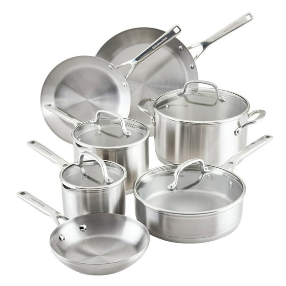 KitchenAid 3-Ply Base Stainless Steel 11-Piece Cookware Set, Brushed Stainless Steel