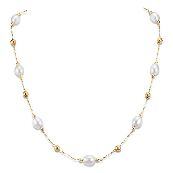 Freshwater Rice 8-9mm Pearl Station Necklace in 14K Gold