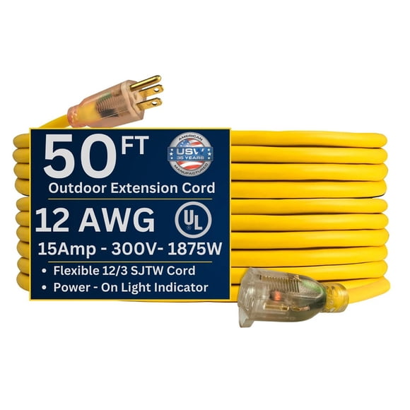 US Wire and Cable 12/3 Gauge Lighted Heavy Duty SJTW General Purpose Extension Cords 25', 50' and 100'