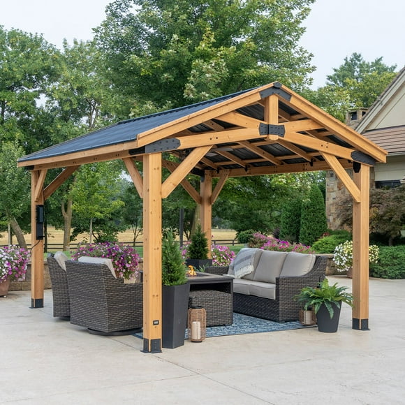 Backyard Discovery 14' x 12' Cedar Wood Peak Roof Gazebo with PowerPort