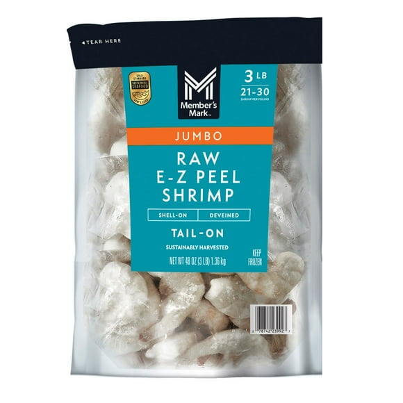 Member's Mark Farm Raised Jumbo Raw EZ Peel Shrimp, Frozen, 21-30 ct. per pound, 3 lbs.